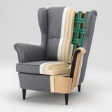 Vue éclatée d’une chaise grise montrant des couches de tissu, des coussins, un cadre en bois, des sangles et des pièces métalliques.