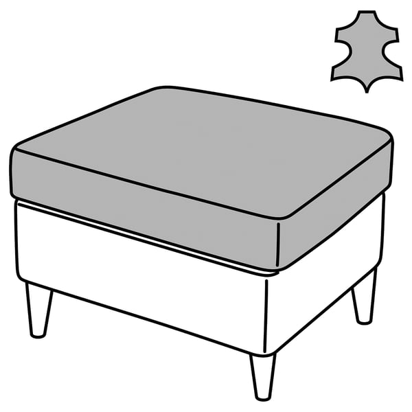 Pouf carré gris avec pieds inclinés, dessus en cuir souple, côtés en tissu, design moderne.