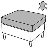 Pouf carré gris avec pieds inclinés, dessus en cuir souple, côtés en tissu, design moderne.