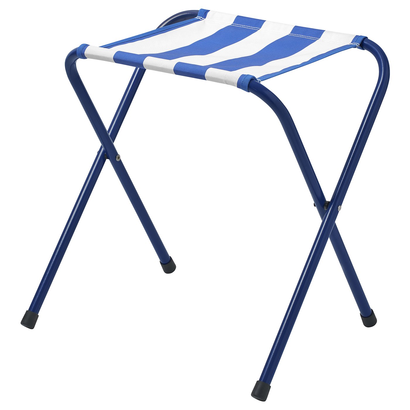 Chaise de plage bleue STRANDÖN, forme ouverte avec tissu rayé blanc-bleu. Cadre en acier robuste et pliable.