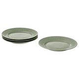 Un ensemble d’assiettes à rayures vertes, idéal pour les repas, avec un design élégant et une sensation artisanale.