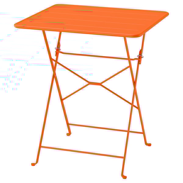 Une table en métal orange pliable avec un plateau rectangulaire, idéale pour les espaces compacts. Il a des pieds métalliques qui se croisent pour plus de stabilité.