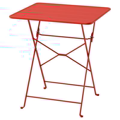 Une table en métal SUNDSÖ rouge vif et pliable avec un plateau carré et des pieds robustes à entretoises, idéale pour les petits espaces.