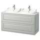 Vanité de salle de bain grise TÄNNFORSEN, double vasque blanche, meuble mural au design épuré.