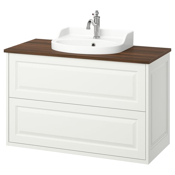 Meuble-lavabo de salle de bain TÄNNFORSEN blanc avec plan en bois, robinet chromé, design classique.