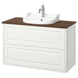Meuble-lavabo de salle de bain TÄNNFORSEN blanc avec plan en bois, robinet chromé, design classique.