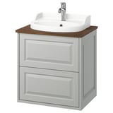 Meuble de salle de bain gris clair TÄNNFORSEN avec tiroir, plan en bois et lavabo blanc.