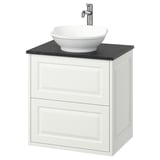 Meuble-lavabo TÄNNFORSEN blanc avec dessus en marbre noir, évier rond en céramique, robinet chromé, mural, bords biseautés classiques.