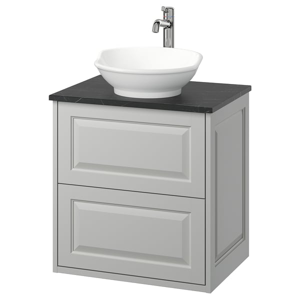 Vanité gris clair TÄNNFORSEN, plateau en marbre, lavabo rond, robinet chromé, mural.