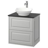 Vanité gris clair TÄNNFORSEN, plateau en marbre, lavabo rond, robinet chromé, mural.