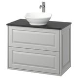 Vanité de salle de bain moderne : armoire gris clair avec lavabo rond blanc et comptoir foncé.