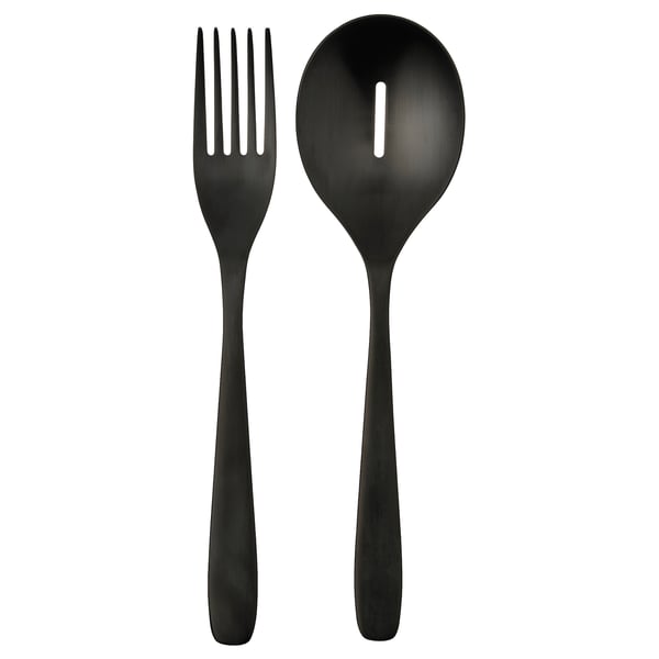 Set de couverts noir mat : fourchette et cuillère, acier inoxydable, poignées modernes.
