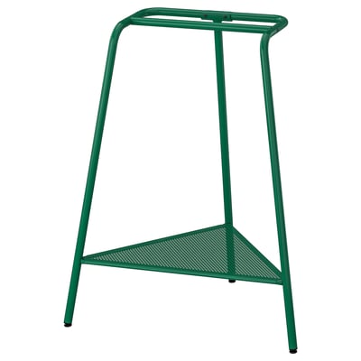 Tabouret en métal vert avec assise et pieds en maille triangulaire.