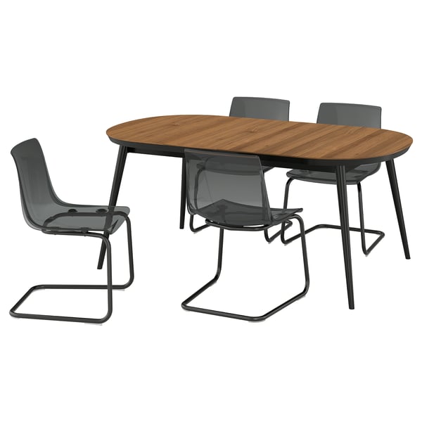 TJÄRKIL / TOBIAS Table et 4 chaises, noir plaqué noyer/gris noir, 180/235/290 cm