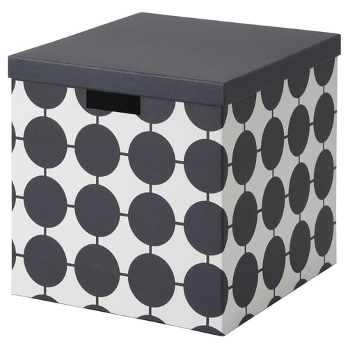 TJENA Boîte de rangement avec couvercle - blanc noir/à pois 32x35x32 cm