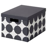 Boîte TJENA, gris/blanc, rectangulaire, motif rond décoratif, papier recyclé, couvercle avec poignée.
