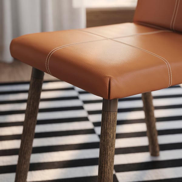 Chaise marron sur tapis rayé.