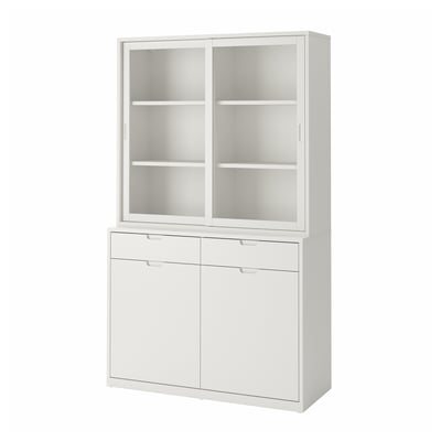 Combo buffet et armoire en verre TONSTAD blanc cassé, design moderne avec tiroirs à fermeture douce et étagères réglables.