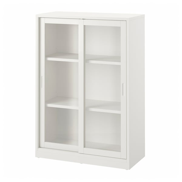 Cette image montre une vitrine TONSTAD blanche avec des portes coulissantes en verre, au design minimaliste.