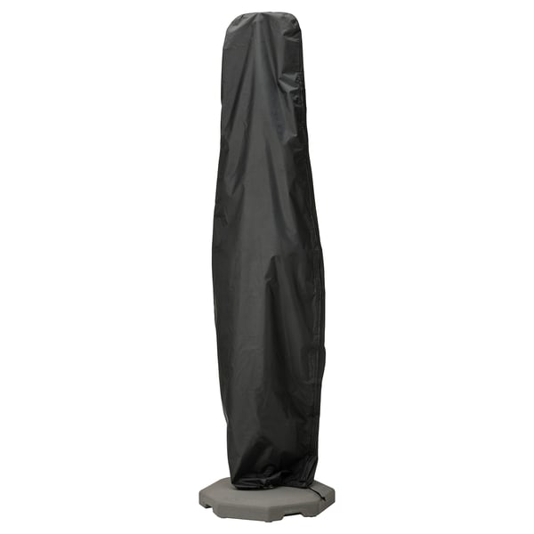 Housse de parasol TOSTERÖ noire, imperméable, matériau robuste, forme cylindrique, fond réglable.