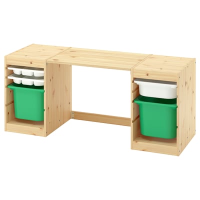 TROFAST Bureau av boîtes/plateaux rangement, pin teinté blanc clair/blanc vert vif, 124x44x52 cm