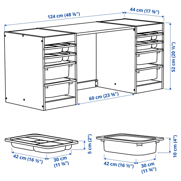TROFAST Bureau av boîtes/plateaux rangement, pin teinté blanc clair/rouge blanc, 124x44x52 cm