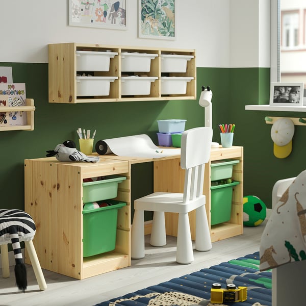 TROFAST Bureau avec boîtes de rangement, pin teinté blanc clair/vert clair vert vif, 124x44x52 cm