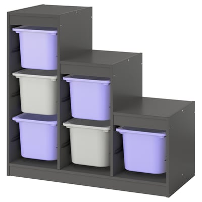Rangements Ikea TROFAST : châssis gris, 6 bacs violet/gris, blocs modulables.