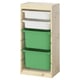 Un meuble de rangement ikea TROFAST avec un cadre en bois clair, deux bacs verts et deux plateaux blancs.