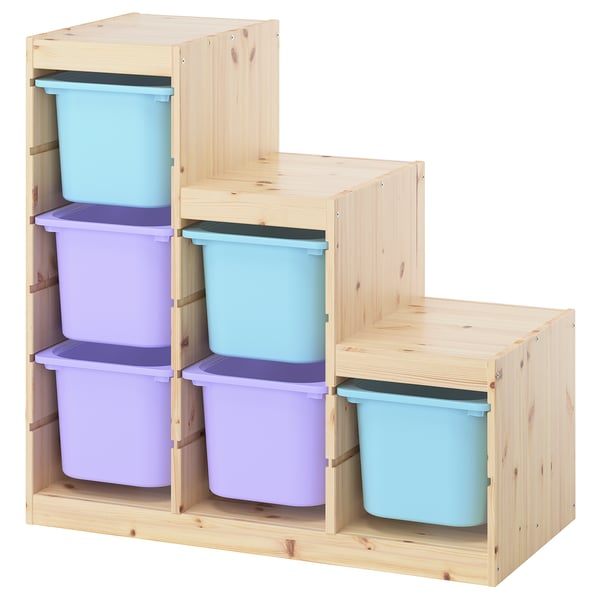 TROFAST Combinaison structure + bacs, pin teinté blanc clair mauve/bleu clair, 94x44x91 cm