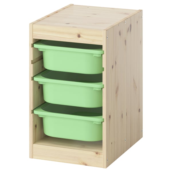 Bacs de rangement en bois TROFAST, vert clair, avec 3 boîtes en plastique réutilisables, design simple, parfait pour les enfants.