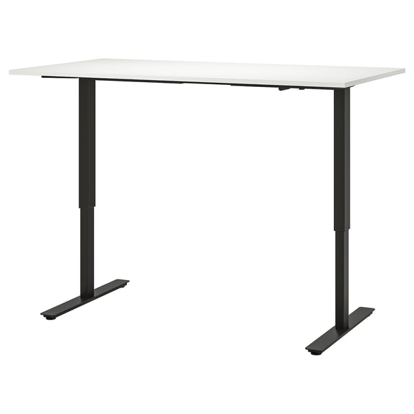 Bureau assis-debout réglable TROTTEN blanc. Portée de 70 à 120 cm. Dessus rectangulaire, pieds stables.