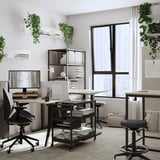 Espace de bureau moderne avec des bureaux trottén en beige avec des chaises et des meubles de rangement noirs, une grande fenêtre et des plantes vertes.