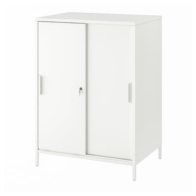 Armoire de rangement double face TROTTEN blanche avec portes coulissantes, étagères réglables et système verrouillable.