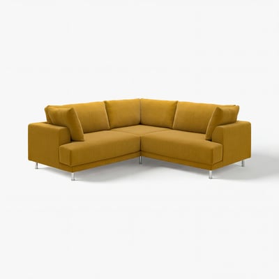 Canapé sectionnel UPPÅKRA jaune moutarde, en forme de L moderne avec coussins moelleux et pieds chromés.