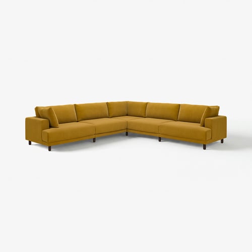 Canapé sectionnel UPPÅKRA jaune moutarde, design moderne, avec huit coussins.