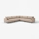 Grand canapé beige en forme de L, design moderne, avec de larges coussins, des pieds en bois solides.