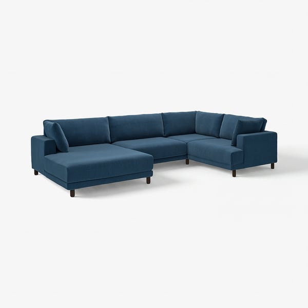 Canapé sectionnel turquoise avec coussins étanchés et pieds en bois, idéal pour la détente en famille.