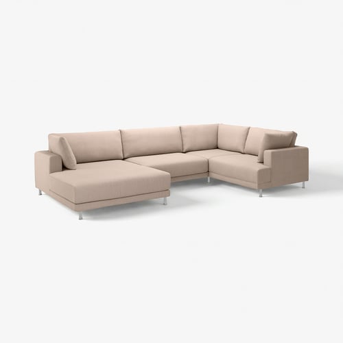 Canapé sectionnel moderne beige en forme de U, design minimaliste.