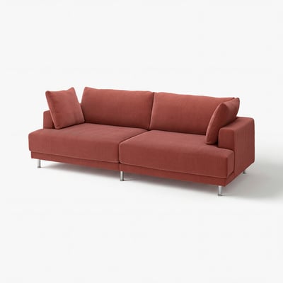Canapé rouge avec pieds métalliques, tissu texturé, trois coussins, design moderne. Canapé UPPÅKRA.
