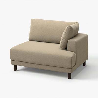 Canapé beige moderne, tissu beige, en forme de L avec coussins, pieds en bois.