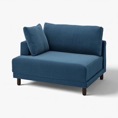 Module canapé rembourré bleu avec pieds en bois foncé. Design moderne, tissu rayé.