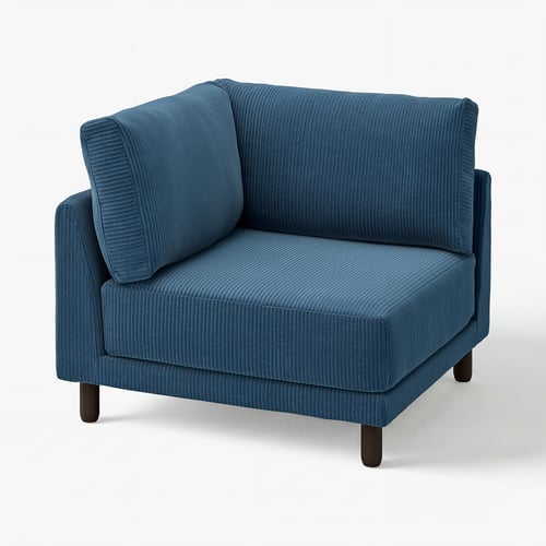 Canapé d’angle bleu UPPÅKRA aux pieds foncés, design épuré et coussins moelleux.