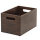 Option : Boîte de rangement en bois brun foncé avec poignées. Forme rectangulaire, s’adapte aux tiroirs ou aux étagères.