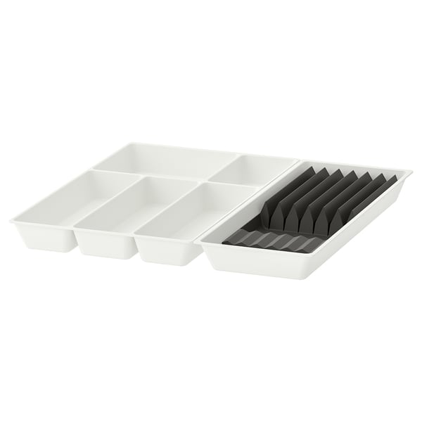 Deux organisateurs en plastique blanc avec compartiments et un porte-couteaux. Parfait pour les tiroirs de cuisine.