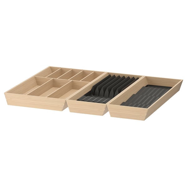 Ensemble de rangement de couverts en bambou Ikea UPPDATERA, couleur naturelle, forme rectangulaire avec plusieurs compartiments.