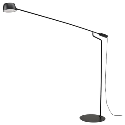 Lampadaire orientable noir moderne avec un long bras et un abat-jour rond, idéal pour l’éclairage dirigé.