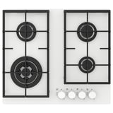 Une plaque de cuisson à gaz VASASTAN en blanc avec allumage électronique, dotée d’une surface en verre lisse et de supports en fonte robustes.