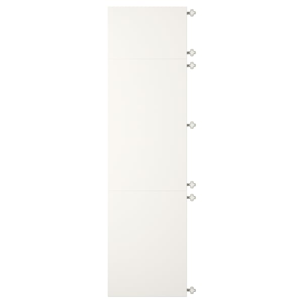 Portes d’armoire VEDDINGE blanches avec charnières nickelées, forme rectangulaire, design simple.