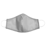 Masque facial gris avec sangles élastiques blanches et pince-nez en métal.